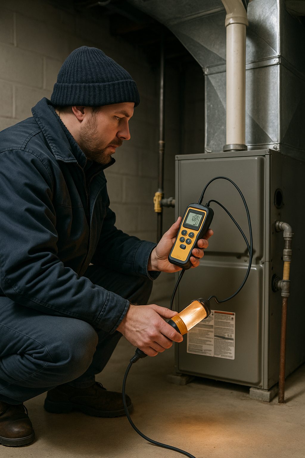 Licensed heating technician servicing a residential gas furnace in a Chicago basement utility room